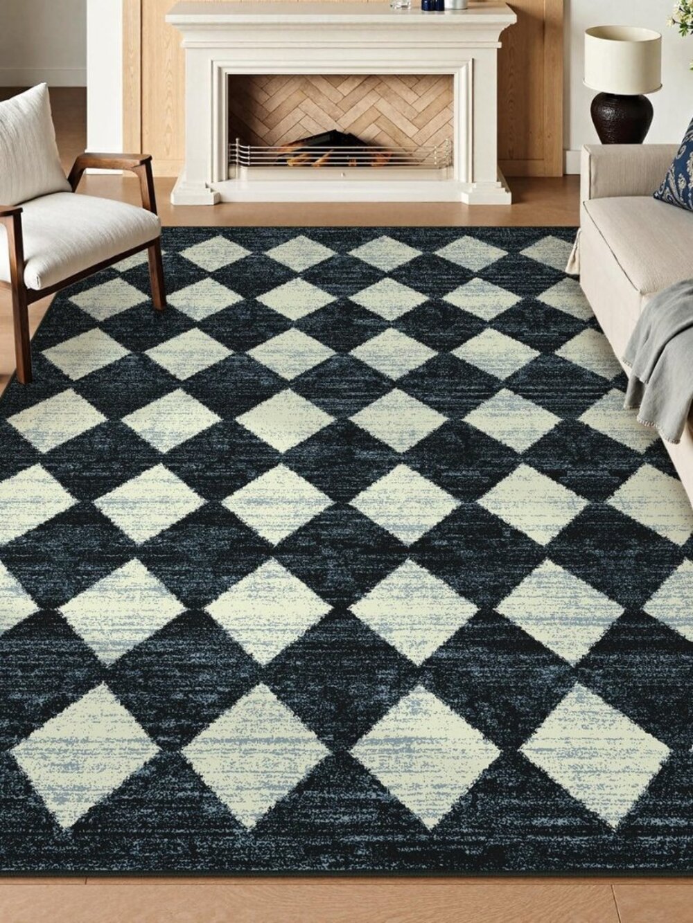 Checkered Area Rug 8x10 Black, Washable Non Slip Modern Living Room Bedroom